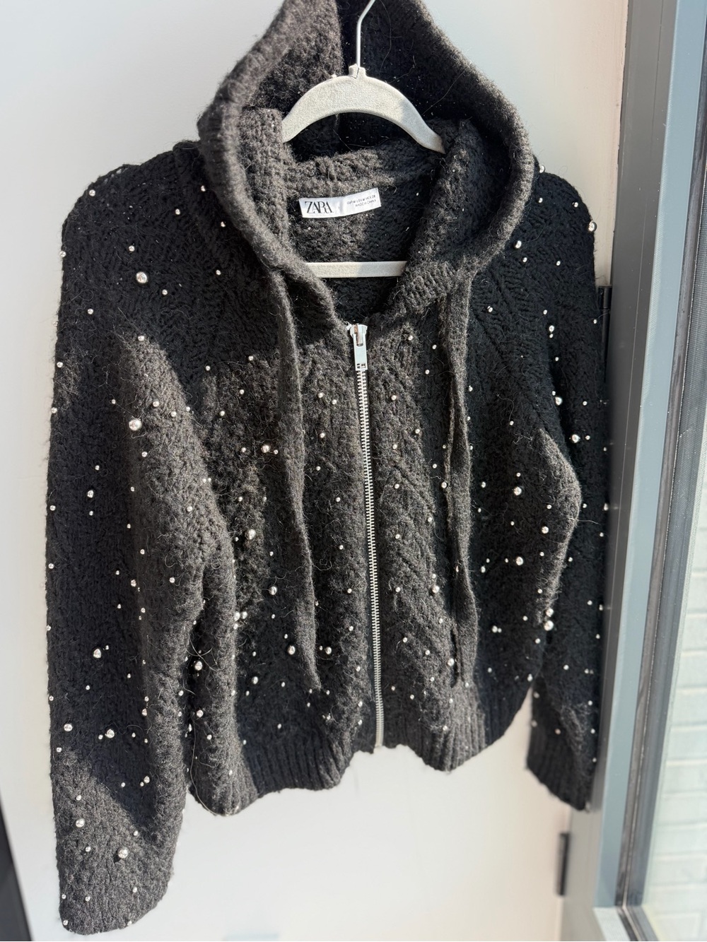 Zara COZY🌸 Pearl-Studded Hooded Zip Cardigan Sweater Chunky